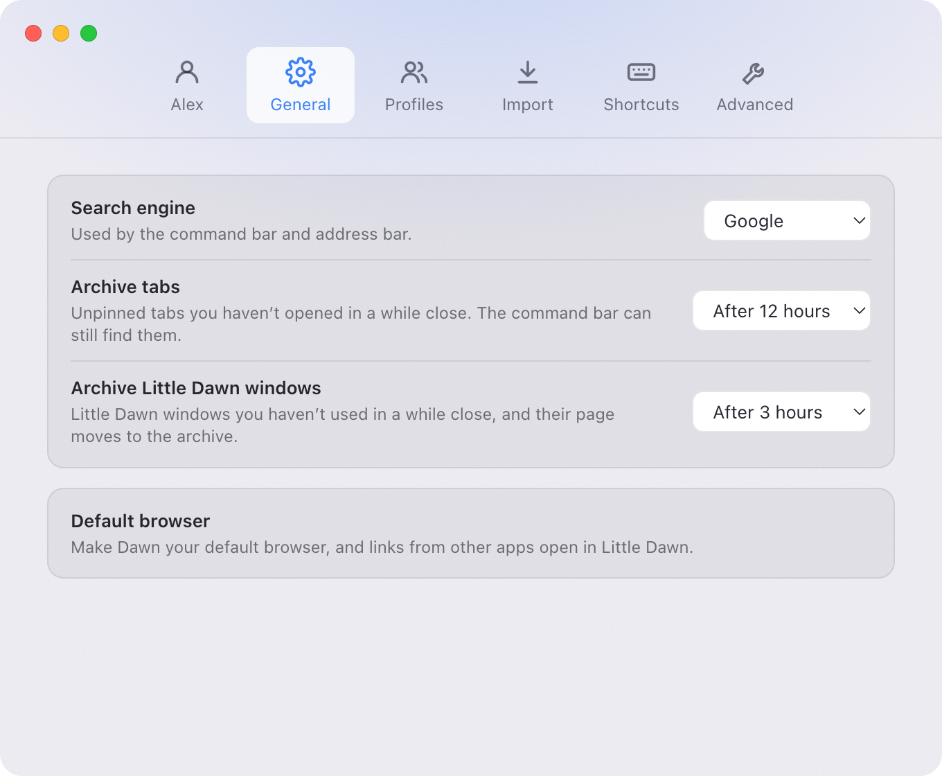 Dawn’s General settings: Search engine, and Archive tabs, which closes unpinned tabs you haven’t opened in a while.