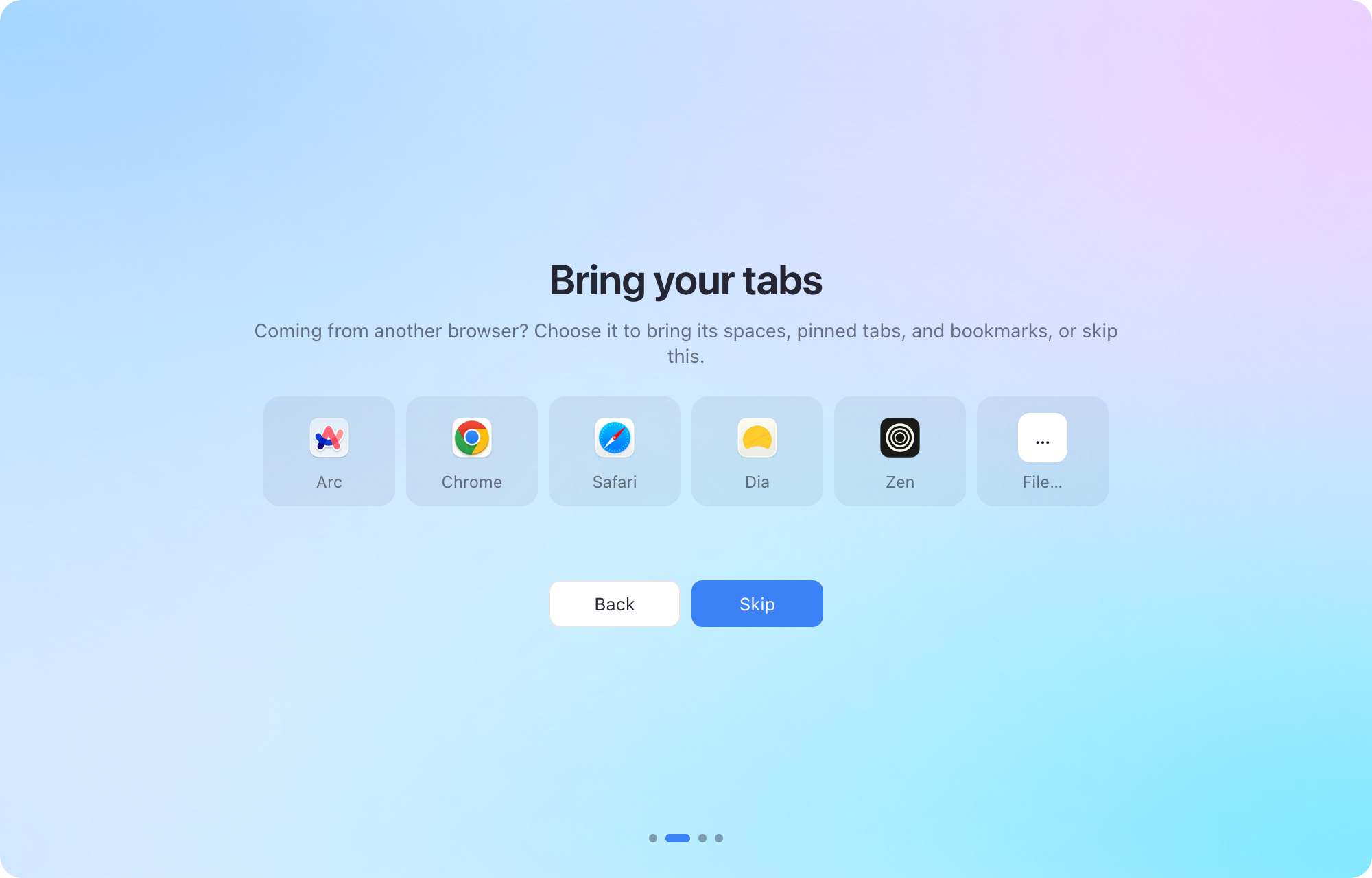 Dawn’s setup screen, Bring your tabs: the browsers on this Mac to choose from, or a file.