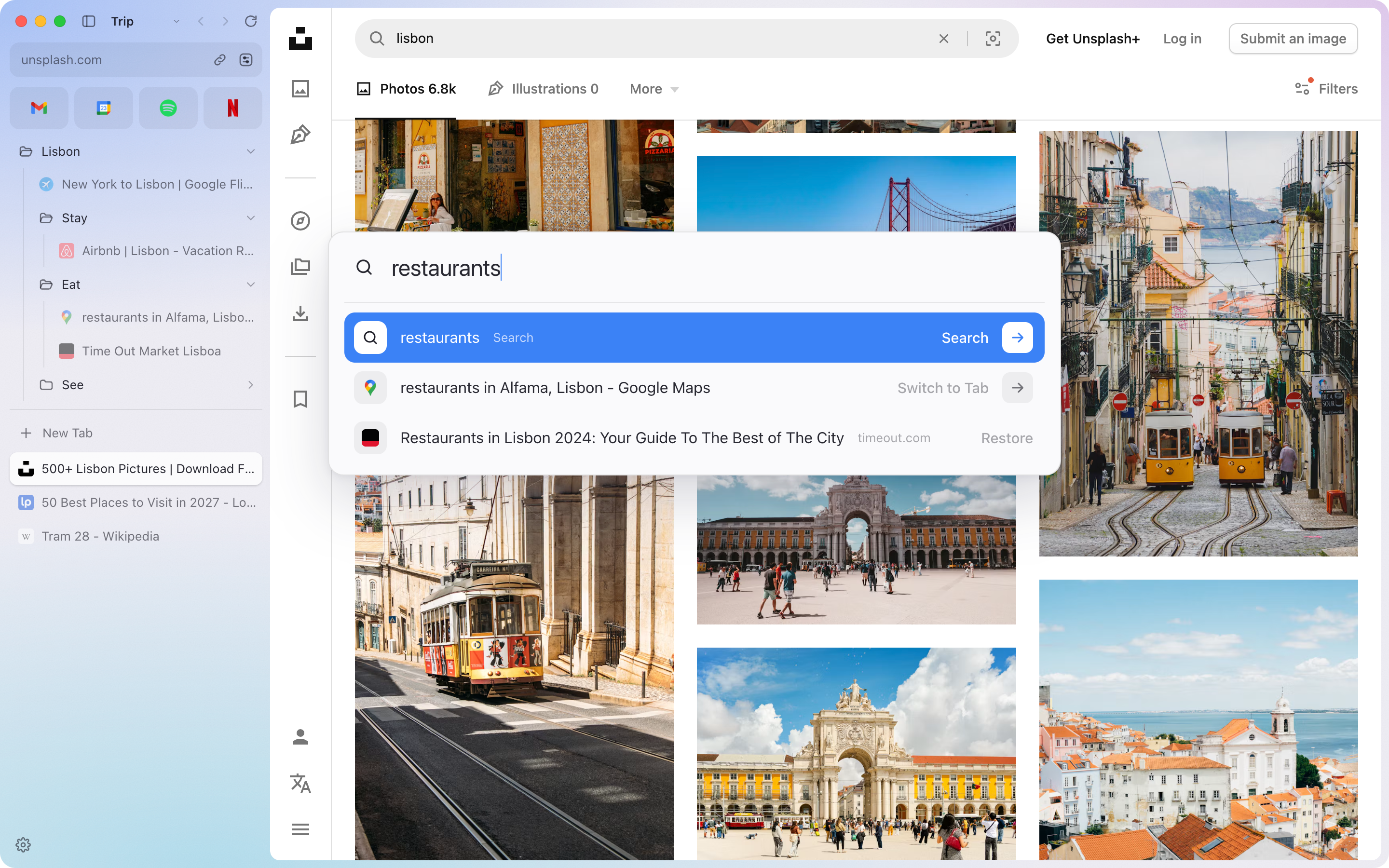 The command bar searching for restaurants: a Google Maps search of Alfama and an archived Time Out guide to restore.