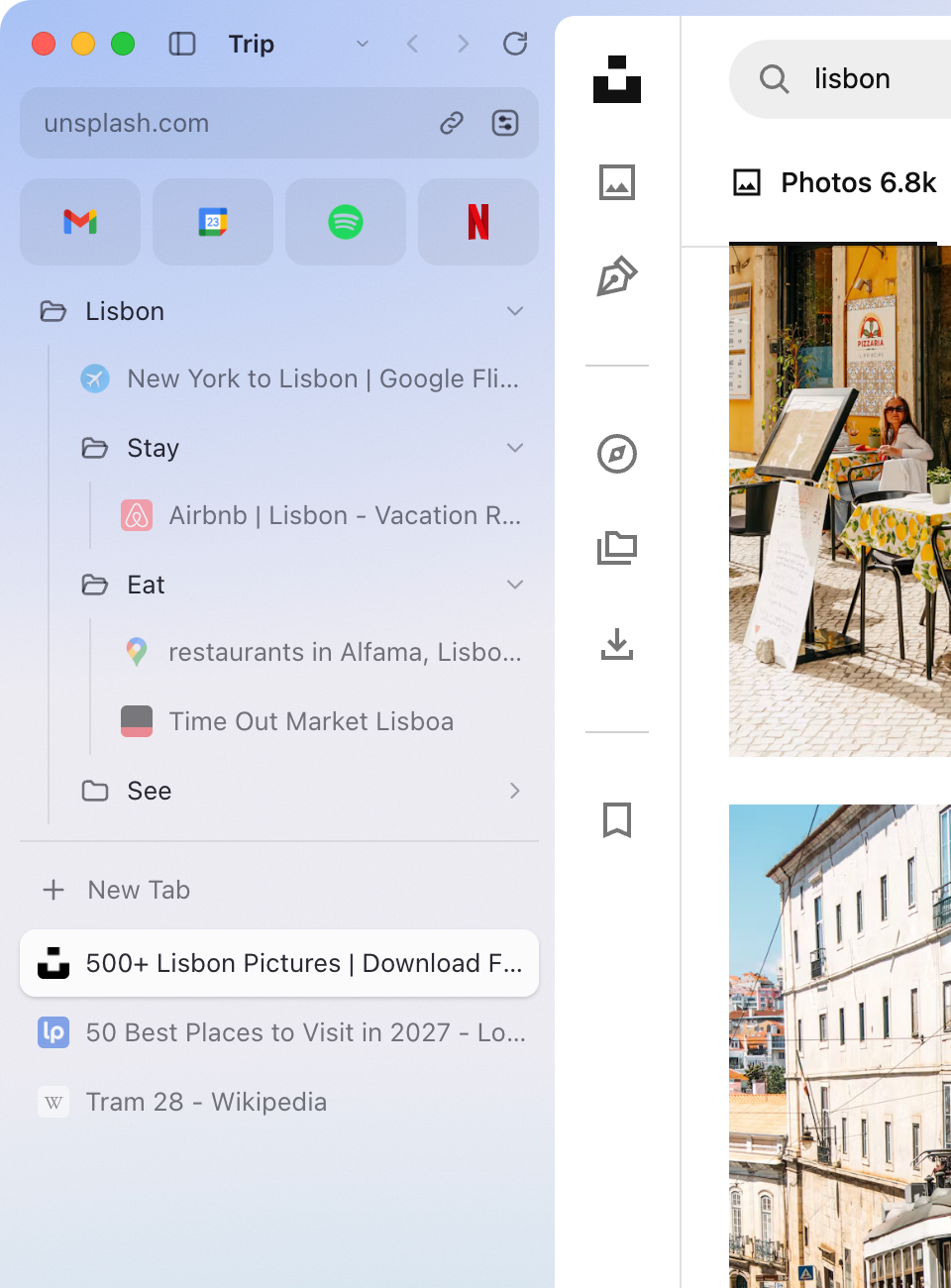 A Lisbon folder holding the flight search, a Stay folder with Airbnb, and an Eat folder with restaurants.