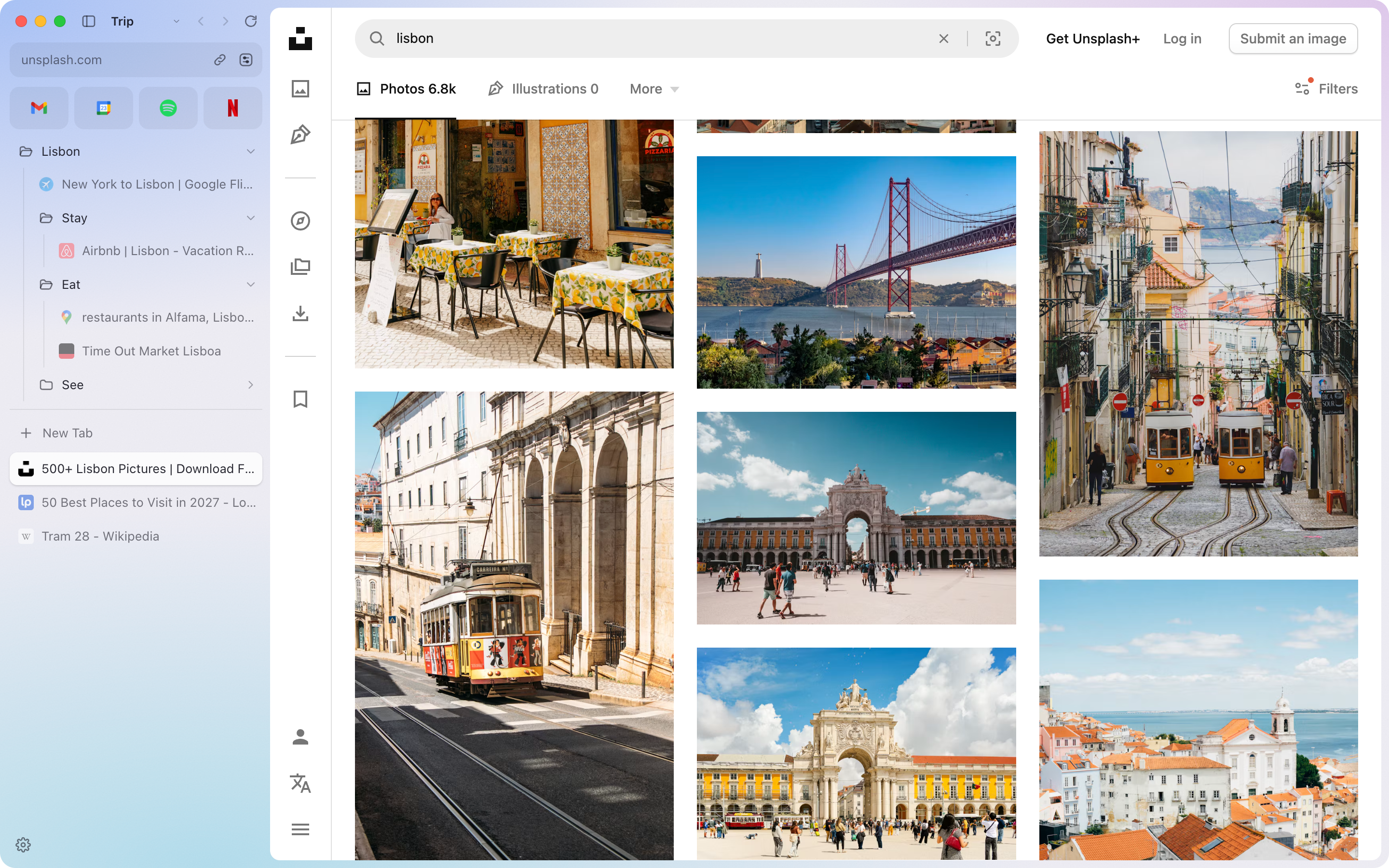 Dawn with photos of Lisbon open. The sidebar holds a Lisbon folder with flights, a Stay folder, and an Eat folder.