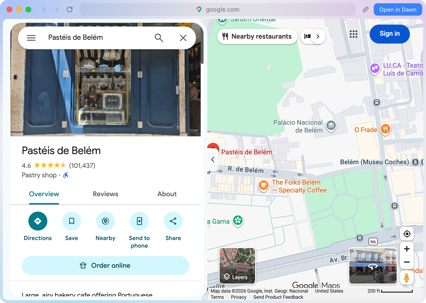 A Little Dawn window showing Pastéis de Belém on Google Maps, with an Open in Dawn button.