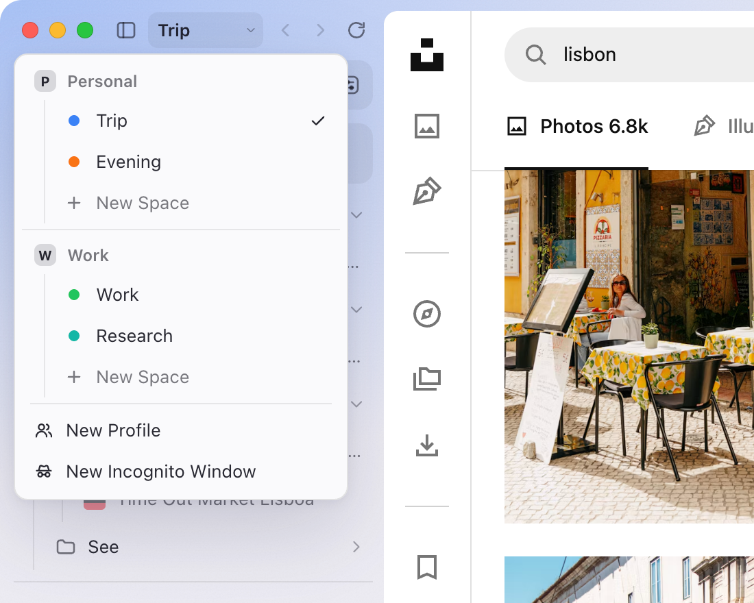 The space switcher: a Personal profile with Trip and Evening, and a Work profile with Work and Research.