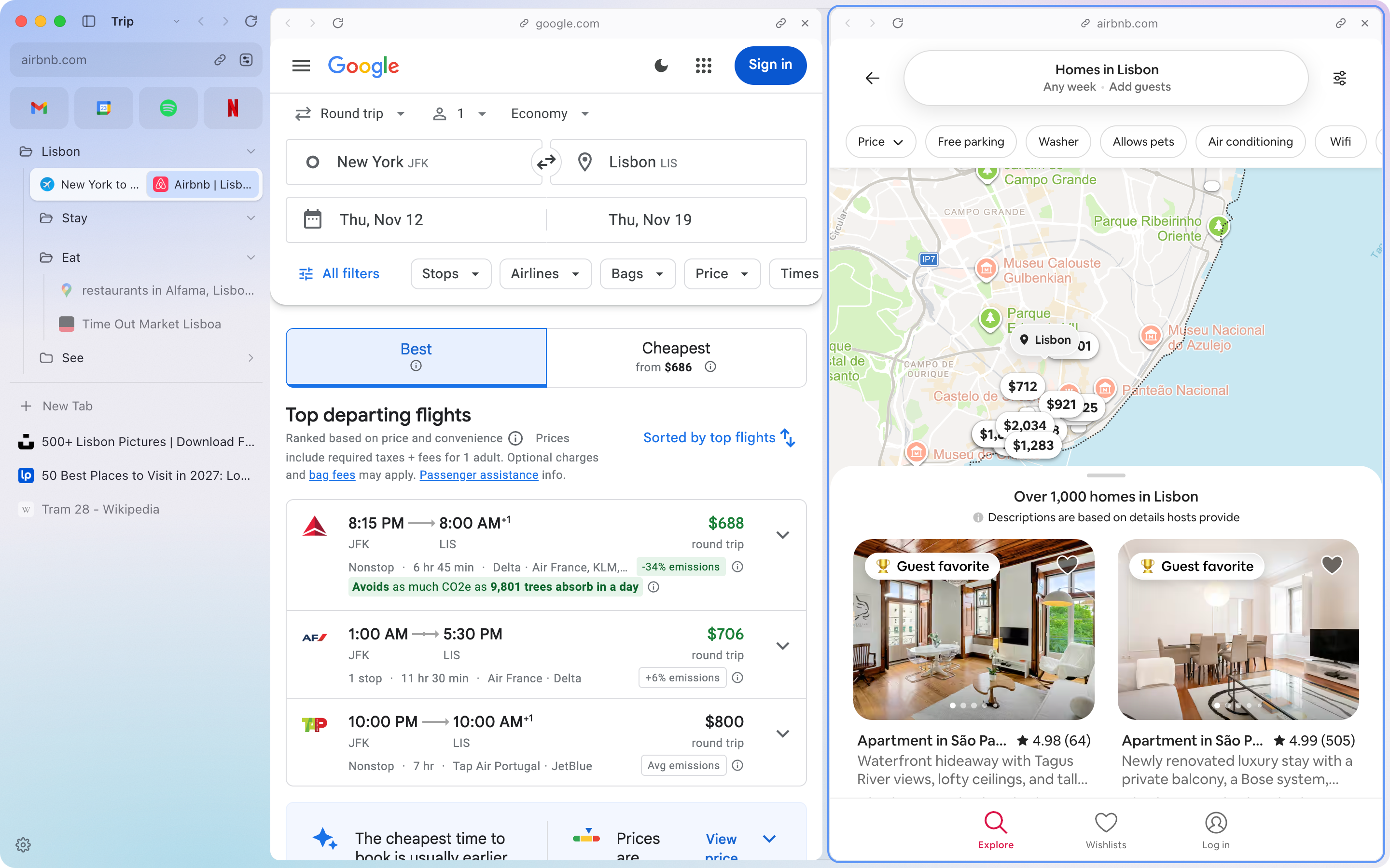 Dawn in split view: Google Flights from New York to Lisbon next to Airbnb homes in Lisbon.